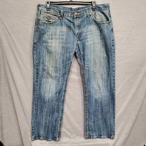 Ak:cess Jeans Mens 42x32 Embroidered Wide Leg Denim Designer Y2K Skater Hiphop